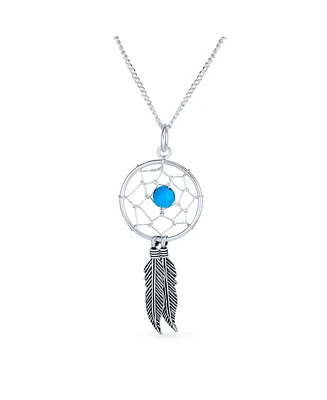Western Turquoise Accent Feathers Leaf Dream Catcher Pendant Necklace For Women s Oxidized .925 Sterling Silver