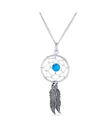 Bling Jewelry Western Synthetic Turquoise Accent Feathers Leaf Dream Catcher Pendant Necklace For Women s Oxidized Sterling Silver