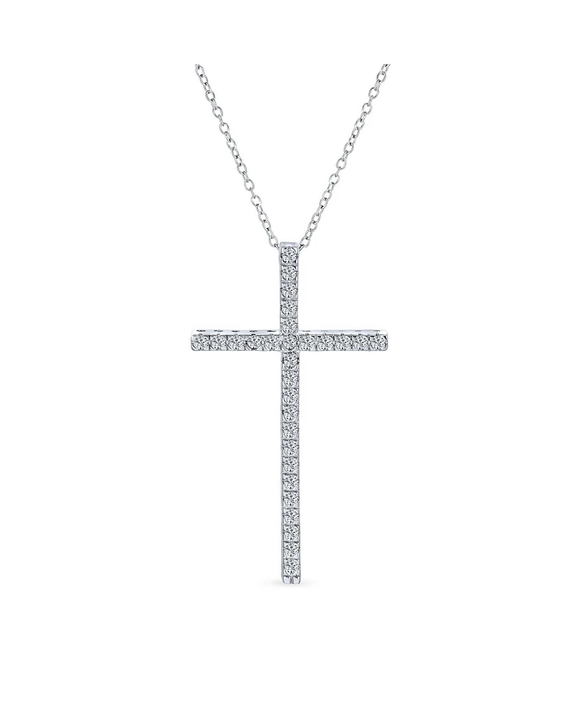 Bling Jewelry Cubic Zirconia Pave Cz Simple Long Cross Pendant Necklace For Women Sterling Silver 1.75 In With Chain