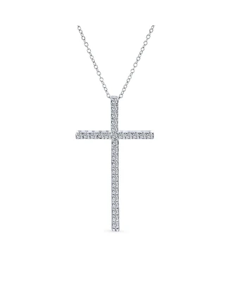 Cubic Zirconia Pave Cz Simple Long Cross Pendant Necklace For Women .925 Sterling Silver 1.75 In With Chain