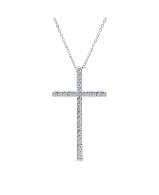 Bling Jewelry Cubic Zirconia Pave Cz Simple Long Cross Pendant Necklace For Women Sterling Silver 1.75 In With Chain