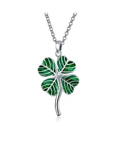 Saint Patrick Irish Shamrock Green Good Luck Charm 4 Leaf Clover Pendant Necklace For Women .925 Sterling Silver