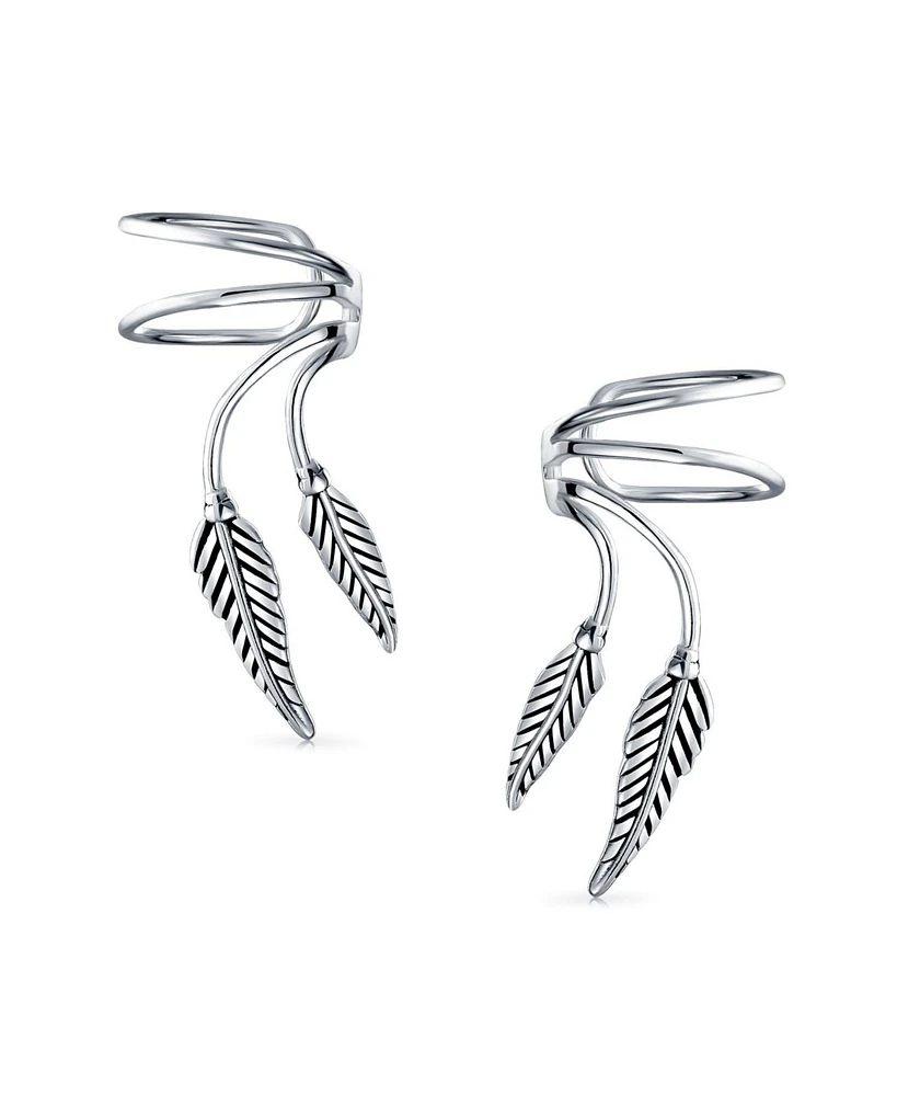 Bling Jewelry Double Leaf Feather Cartilage Ear Cuffs Clip Wrap Wire Earrings Helix For Women Non Pierced Ear Oxidized Sterling Silver