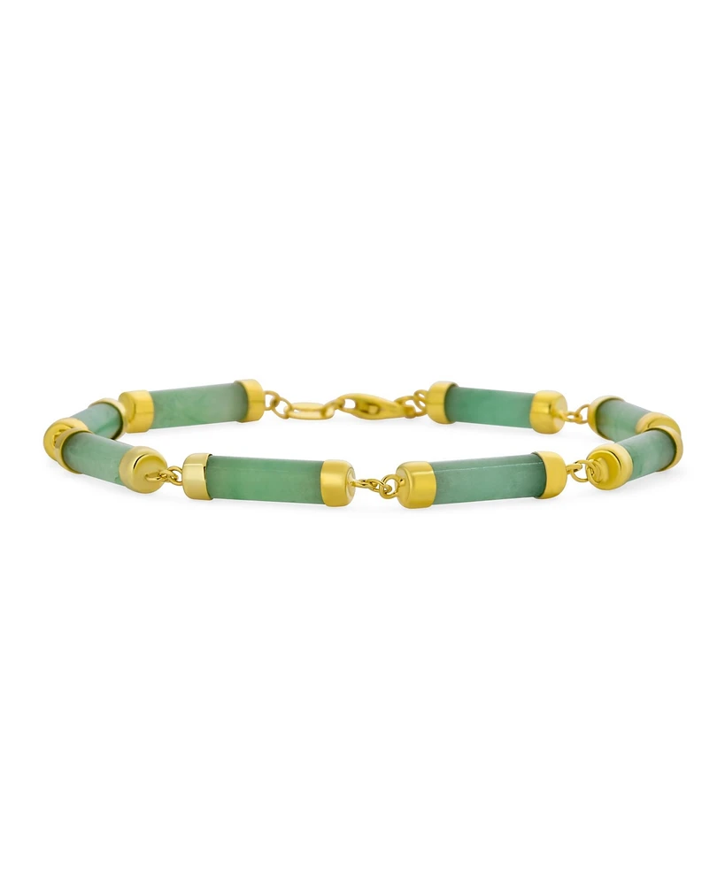 Fine Jewelry Gemstone Tube Bar Link Strand Genuine Green Jade Bracelet For Women Yellow Gold Plated .925 Sterling Silver 7.5 Inch