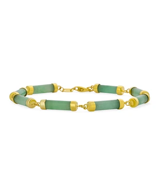 Fine Jewelry Gemstone Tube Bar Link Strand Genuine Green Jade Bracelet For Women Yellow Gold Plated .925 Sterling Silver 7.5 Inch