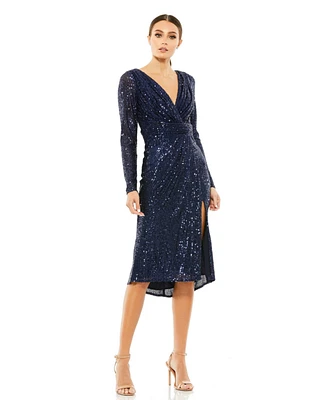 Mac Duggal Women's Ieena Long Sleeve Sequined Midi Dress