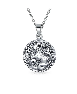 Capricorn Zodiac Sign Astrology Horoscope Round Medallion Pendant For Men Women Necklace Antiqued Sterling Silver