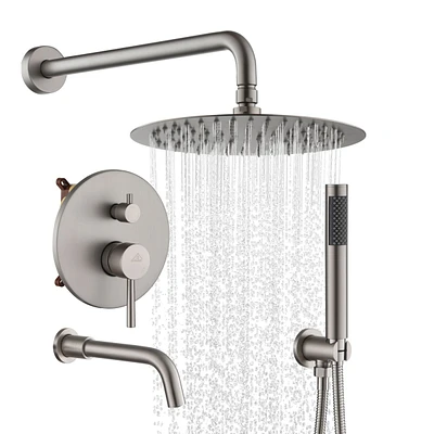 Casainc 10 Inch Wall Mounted Round Shower System Set with Handheld Spray & Tub Spout