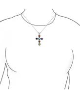 Bling Jewelry Multi Color Stones Bezel Set Cross Pendant Necklace For Women Sterling Silver