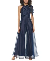 Eliza J Petite Organza Bow-Trim Halter Jumpsuit