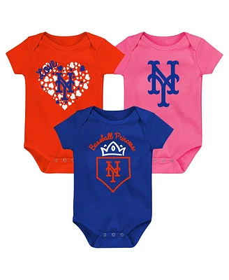 Baby Boys and Girls Fanatics Royal, Orange, Pink New York Mets Three-Pack Home Run Bodysuit Set