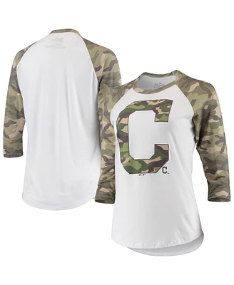 Women's Majestic Threads White, Camo Cleveland Guardians Raglan 3/4-Sleeve T-shirt
