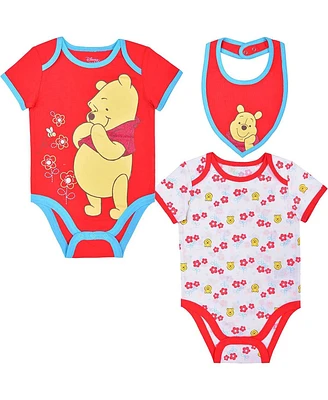 Baby Boys and Girls Red, White Winnie the Pooh 3-Piece Bodysuit Bib Set