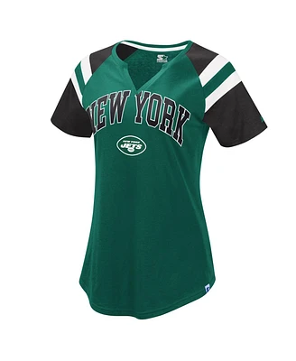 Women's Starter Green, Black New York Jets Game On Notch Neck Raglan T-shirt