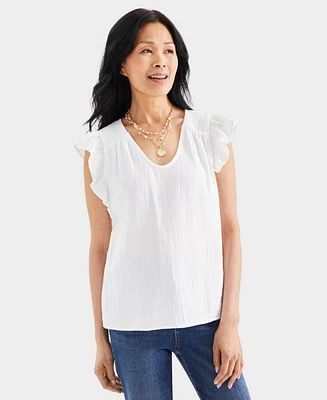 Style & Co Women's Cotton Gauze Flutter Sleeve Top, Created for Macy's