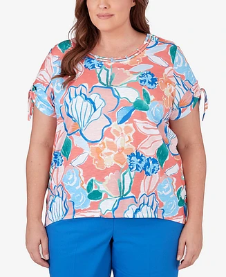 Alfred Dunner Plus Neptune Beach Whimsical Floral Top with Side Ties