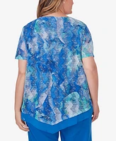 Alfred Dunner Plus Size Neptune Beach Tie Dye Textured Top with Necklace