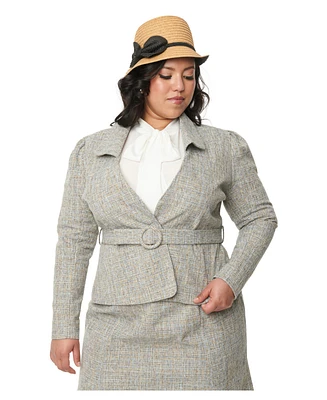 Plus Beige & Baby Blue Tweed Belted Jacket