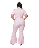 Plus Collared Short Puff Sleeve Flare Leg Jumpsuit