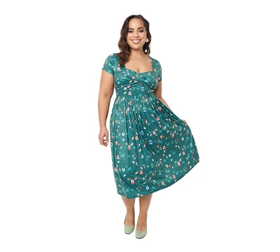 Unique Vintage Plus Size Green Birdhouse Twist Front Swing Dress