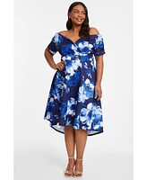 Quiz Women's Plus Floral Bardot Ruched Dip Hem Dress