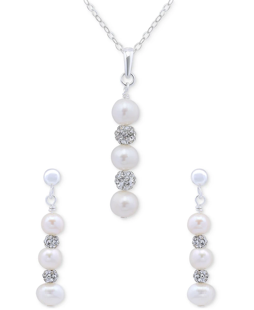 Cultured Freshwater Pearl (5-7mm) & Crystal Pendant Necklace & Matching Drop Earrings Set in Sterling Silver