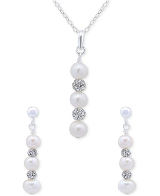 Cultured Freshwater Pearl (5-7mm) & Crystal Pendant Necklace & Matching Drop Earrings Set in Sterling Silver