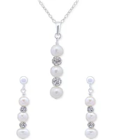 Cultured Freshwater Pearl (5-7mm) & Crystal Pendant Necklace & Matching Drop Earrings Set in Sterling Silver