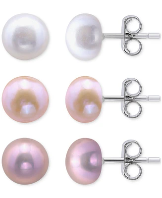 3-Pc. Set Multicolor Cultured Freshwater Pearl (8mm)Stud Earrings in Sterling Silver