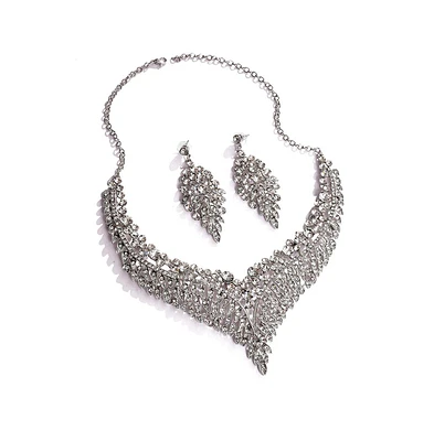 Sohi Women's Silver Leaf Bling Cluster Necklace And Earrings (Set Of 2)