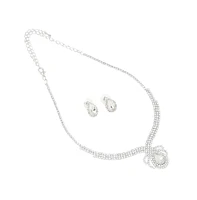 Sohi Women's Silver Bling Cluster Necklace And Earrings (Set Of 2)