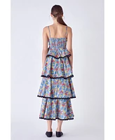 Women's Grid Print Tiered Maxi Dress with Ric Rac Trim