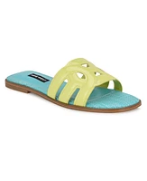 Nine West Women's Geena Round Toe Flat Slip-On Sandals - Neon Lemon Lime Patent