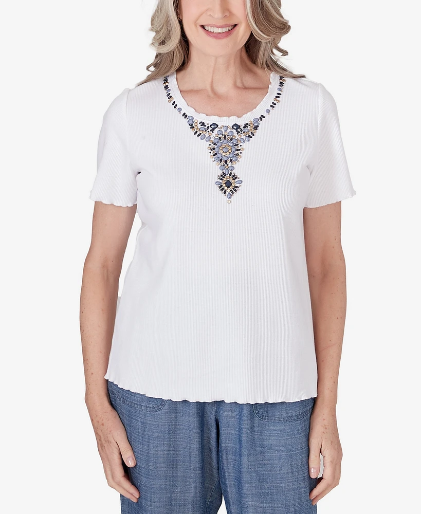 Alfred Dunner Petite Blue Bayou Women's Ribbed Beaded Yoke Top