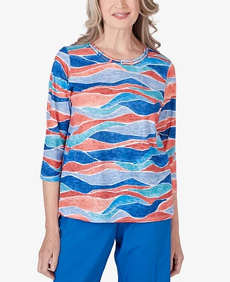 Alfred Dunner Petite Neptune Beach Crew Neck Wave Top