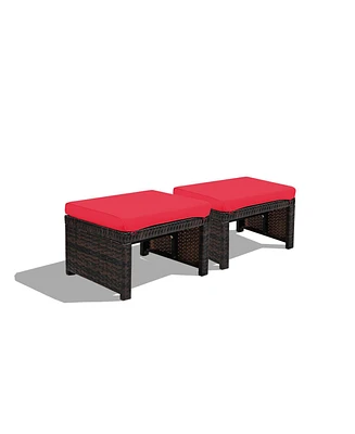2 Pieces Patio Rattan Ottomans with Soft Cushion for and Garden