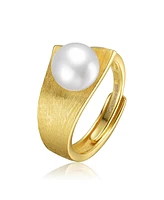 Sterling Silver 14K Gold Plated with Genuine Freshwater Pearl Linear Adjustable Ring