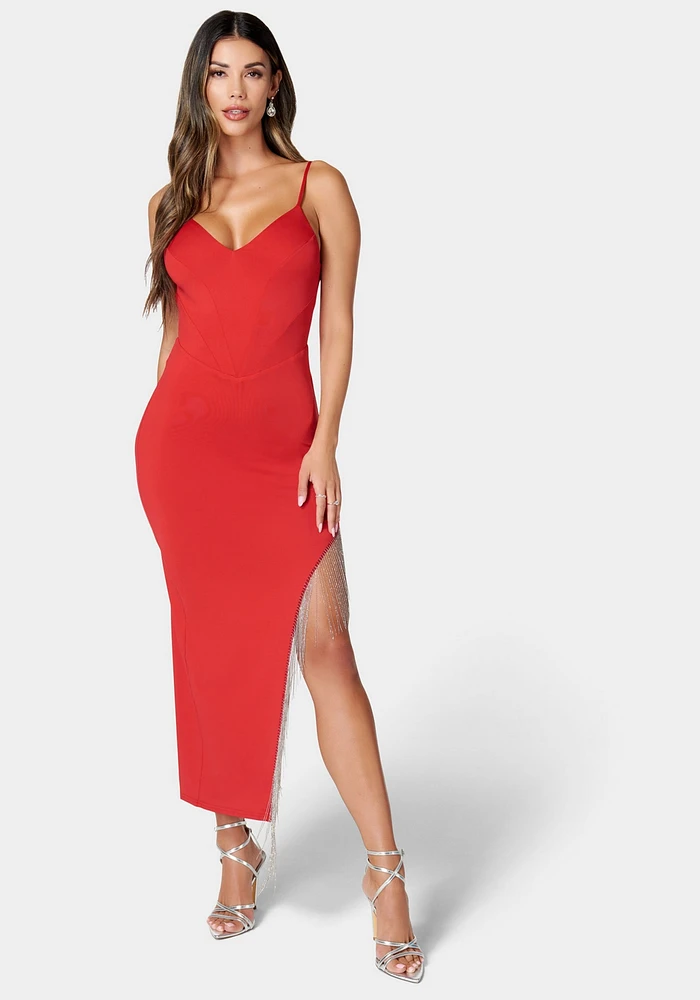 Bebe Women's Fringe Detail High Slit Dress