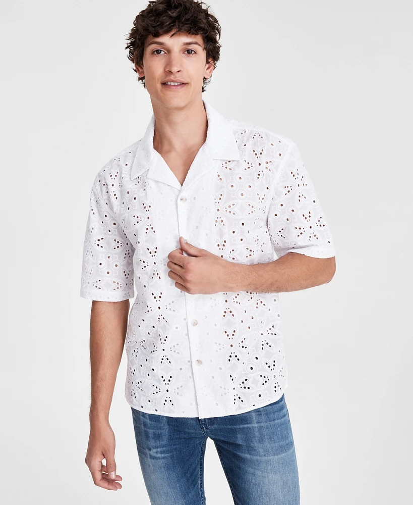 I.n.c. International Concepts Men's Idris Floral Eyelet Short-Sleeve Camp Shirt, Created for Macy's