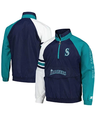Men's Starter Navy, White Seattle Mariners Elite Raglan Half-Zip Jacket