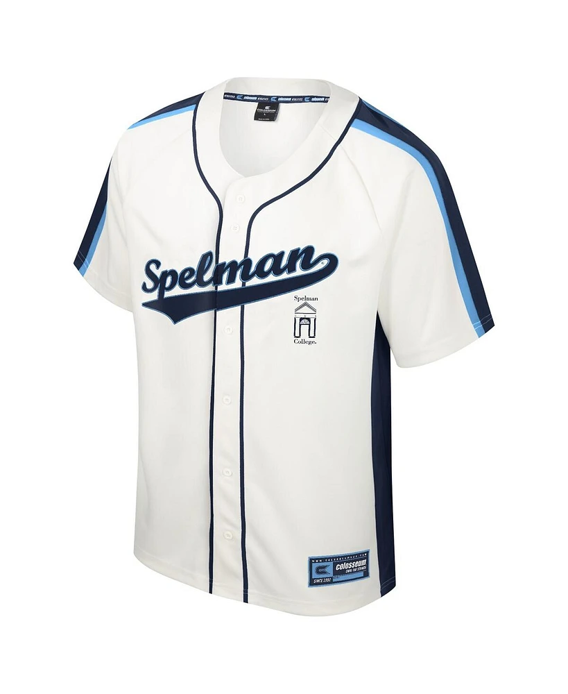 Men's Colosseum Cream Distressed Spelman College Jaguars Ruth Button-Up Baseball Jersey