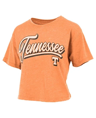 Women's Pressbox Tennessee Orange Distressed Volunteers Team Script Harlow Vintage-Like Waist Length T-shirt