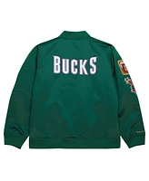 Men's Mitchell & Ness Green Distressed Milwaukee Bucks Hardwood Classics Vintage-Like Logo Full-Zip Bomber Jacket