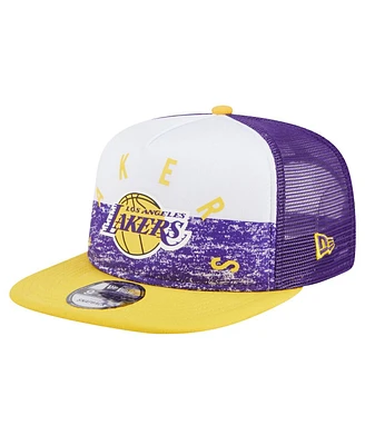 Men's New Era Purple Los Angeles Lakers Arch A-Frame Trucker 9FIFTY Snapback Hat