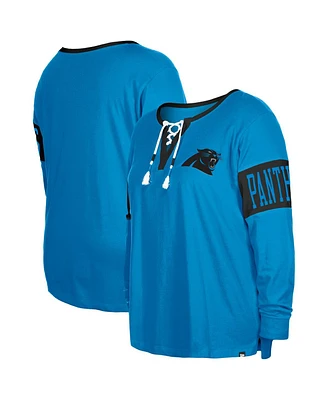 Women's New Era Blue Carolina Panthers Plus Lace-Up Notch Neck Long Sleeve T-shirt