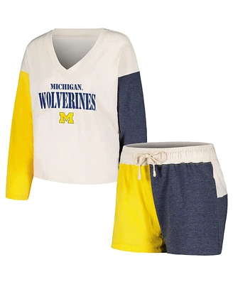 Women's Wes & Willy Cream Distressed Michigan Wolverines Colorblock Tri-Blend Long Sleeve V-Neck T-shirt and Shorts Sleep Set