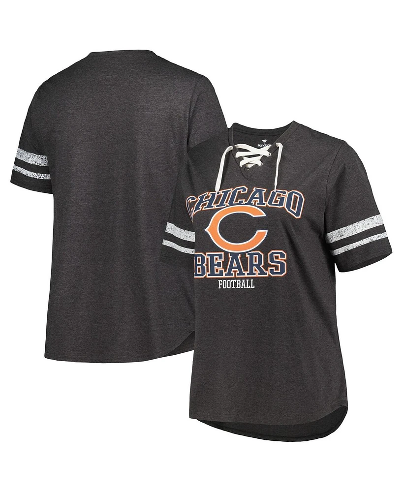 Women's Fanatics Heather Charcoal Distressed Chicago Bears Plus Size Lace-Up V-Neck T-shirt