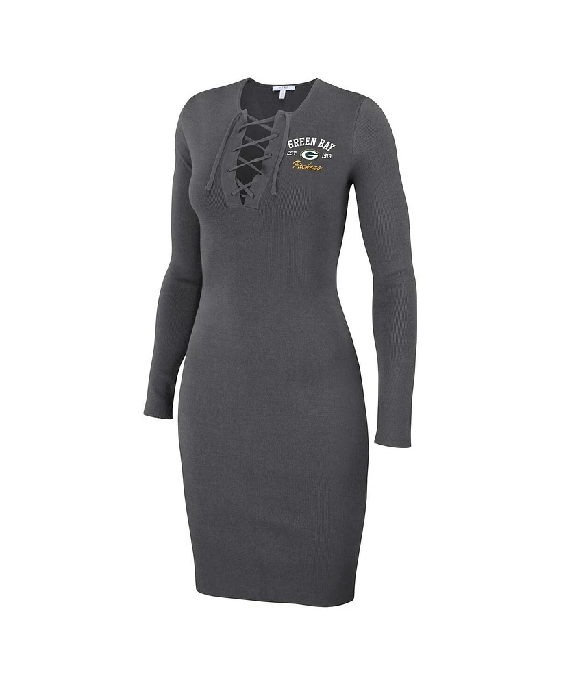 Women's Wear by Erin Andrews Charcoal Green Bay Packers Lace Up Long Sleeve Dress