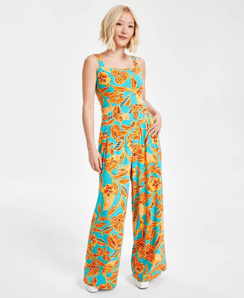 Bar Iii Petite Floral-Print Square-Neck Wide-Leg Jumpsuit, Created for Macy's