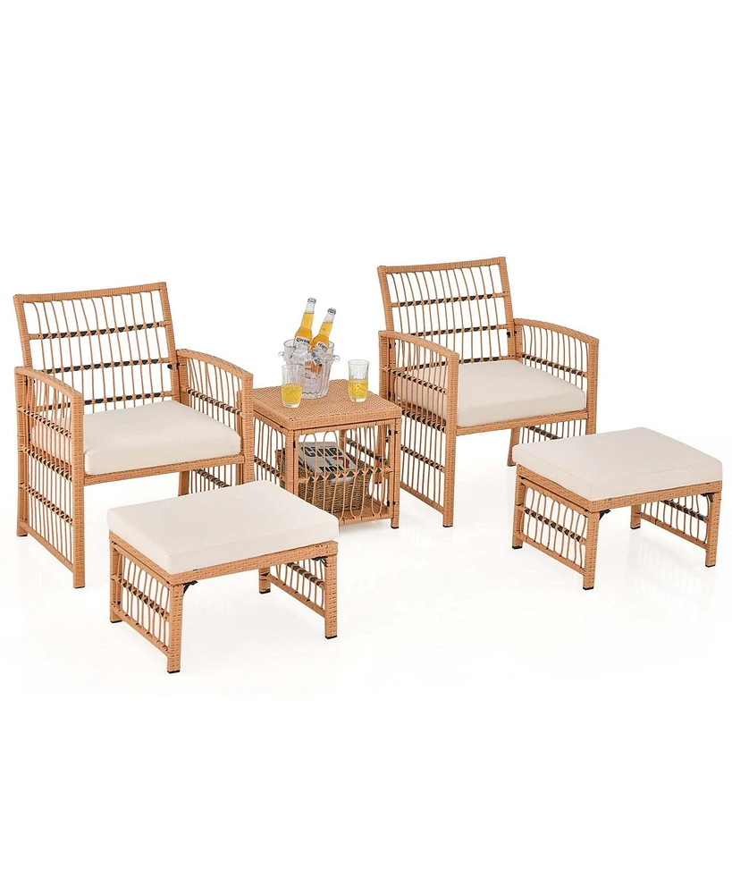 Costway 5 Piece Patio Rattan Wicker Conversation Set with 2-Tier Coffee Table & 2 Ottomans